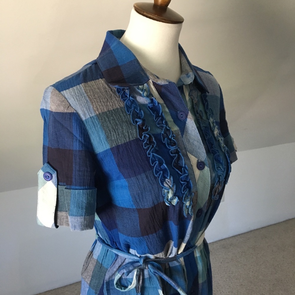 Checkered Color Block County Blue Button Dress - Picture 5 of 7